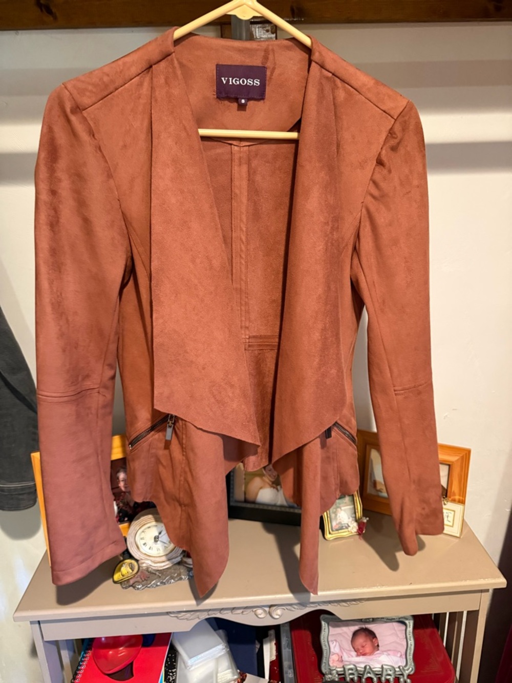 Vigoss Women's Rust Colored Faux Suede Drape Front Blazer, Like New, Size Small